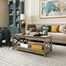 Farmhouse Modern Wood Coffee Table with 2-Tier Shelf Storage (Washed Oak)