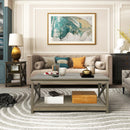 Farmhouse Modern Wood Coffee Table with 2-Tier Shelf Storage (Washed Oak)