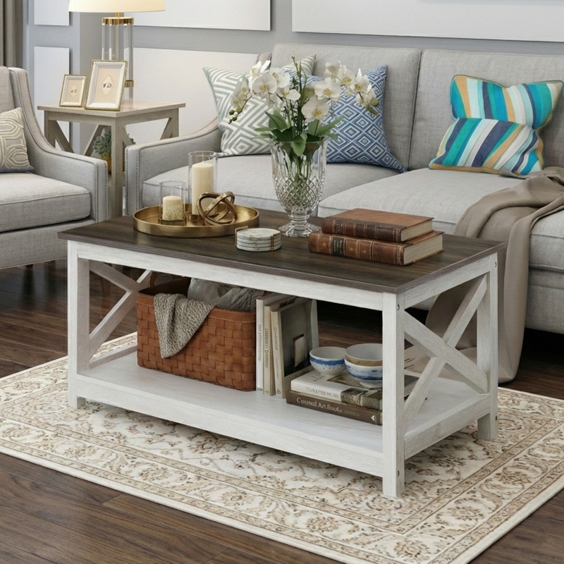 Rainbow Sophia Coffee Table, Modern Farmhouse Wood Coffee Table with 2