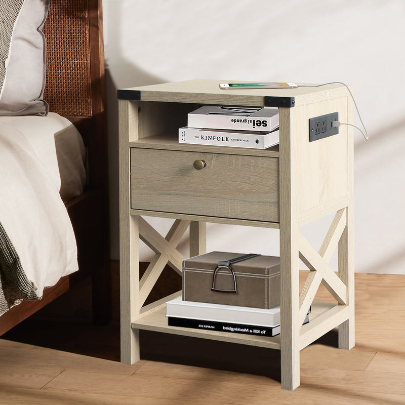 Rainbow Sophia Nightstand with Charging Station, Modern End Table with Drawer, Bedside Table with Open Storage, White Oak