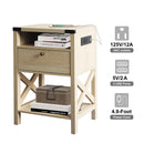 Rainbow Sophia Nightstand with Charging Station, Modern End Table with Drawer, Bedside Table with Open Storage, White Oak