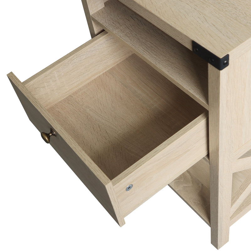 Rainbow Sophia Nightstand with Charging Station, Modern End Table with Drawer, Bedside Table with Open Storage, White Oak