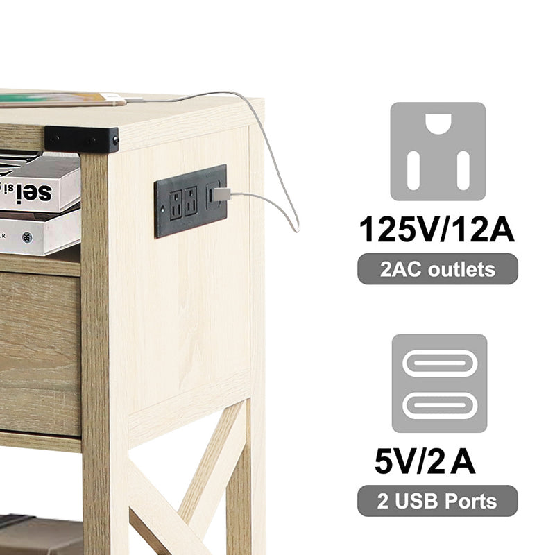 Rainbow Sophia Nightstand with Charging Station, Modern End Table with Drawer, Bedside Table with Open Storage, White Oak