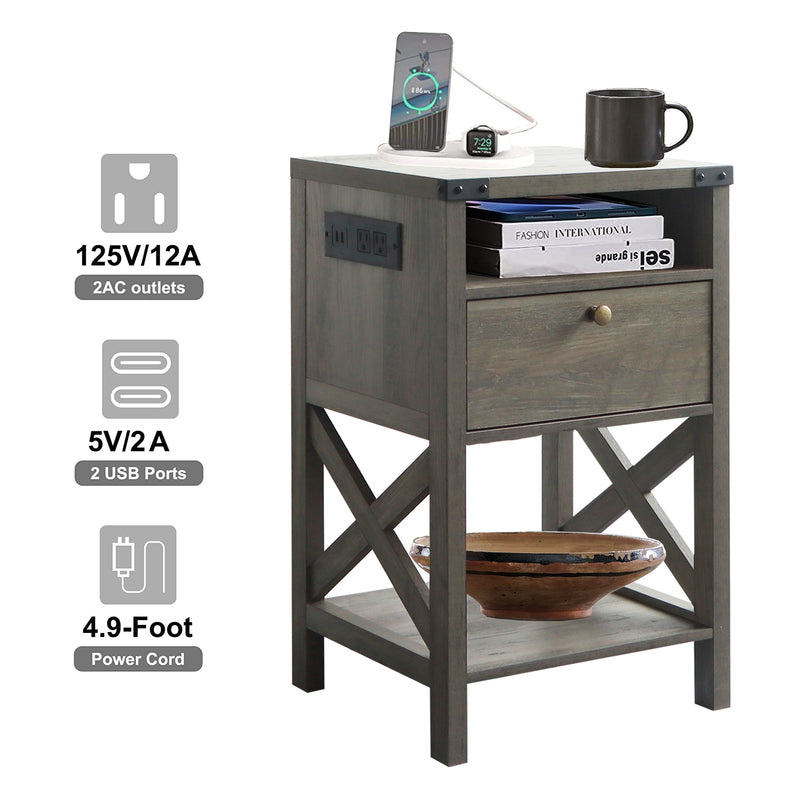 Rainbow Sophia Nightstand with Charging Station, Modern End Table with Drawer, Bedside Table with Open Storage, Washed Oak