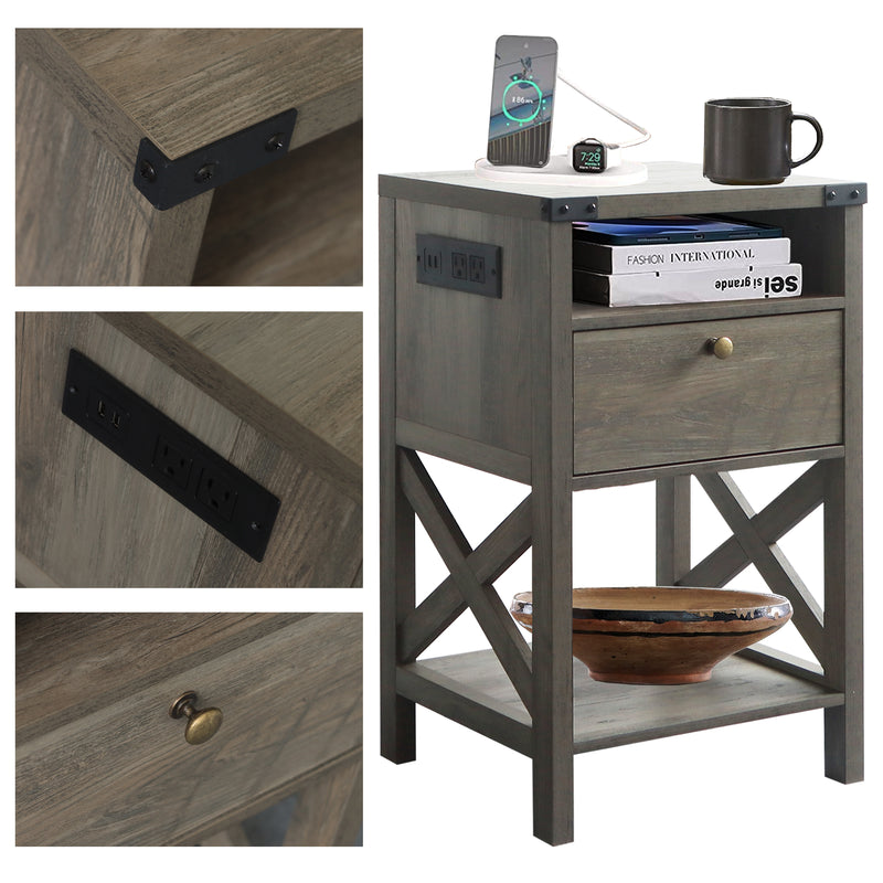 Rainbow Sophia Nightstand with Charging Station, Modern End Table with Drawer, Bedside Table with Open Storage, Washed Oak