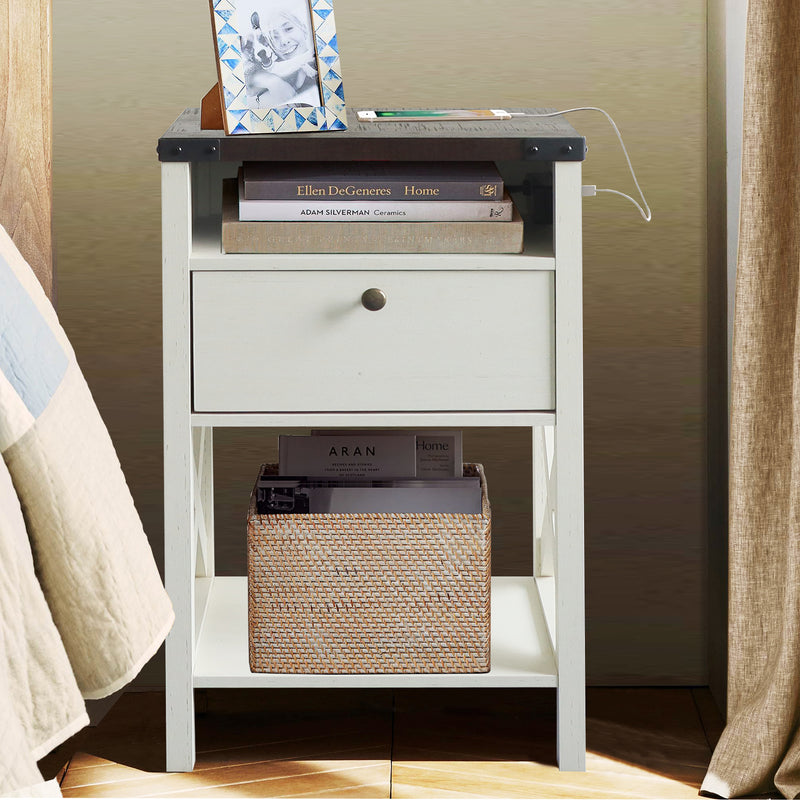 Rainbow Sophia Nightstand with Charging Station, Modern End Table with Drawer, Bedside Table with Open Storage, Vintage White/Espresso
