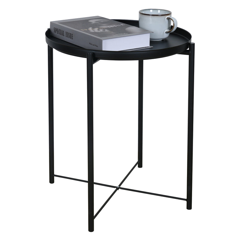 Metal End Table Side Table Accent Table with Round Tray (Black)