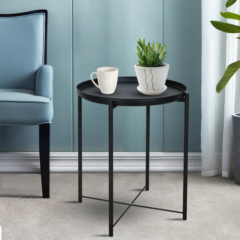 Metal End Table Side Table Accent Table with Round Tray (Black)