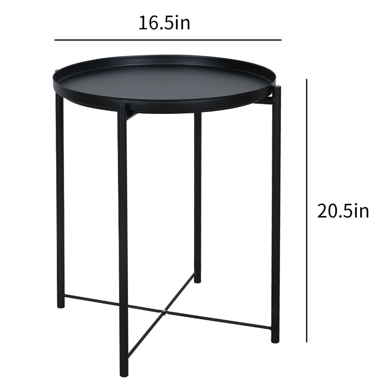 Metal End Table Side Table Accent Table with Round Tray (Black)