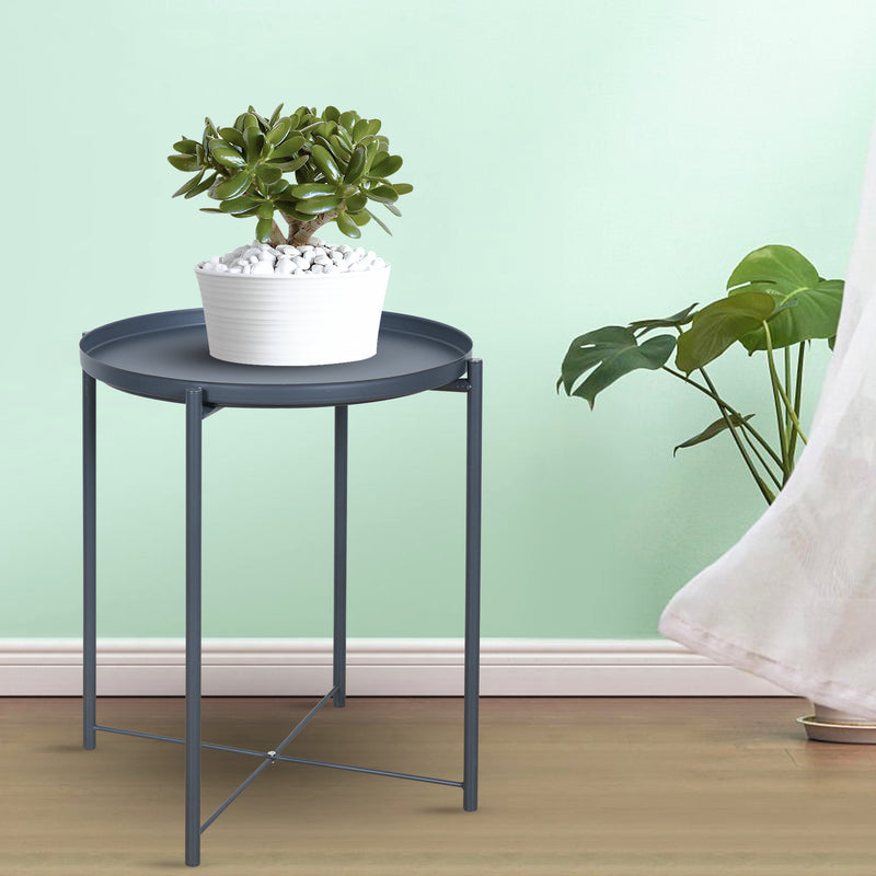 Metal End Table Side Table Accent Table with Round Tray (Grey)