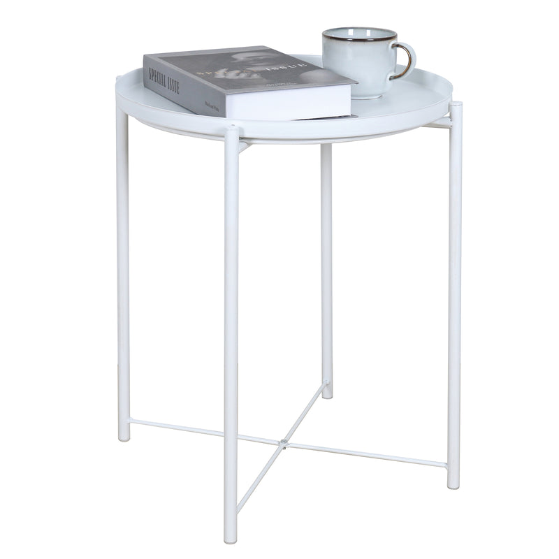 Metal End Table Side Table Accent Table with Round Tray (White)