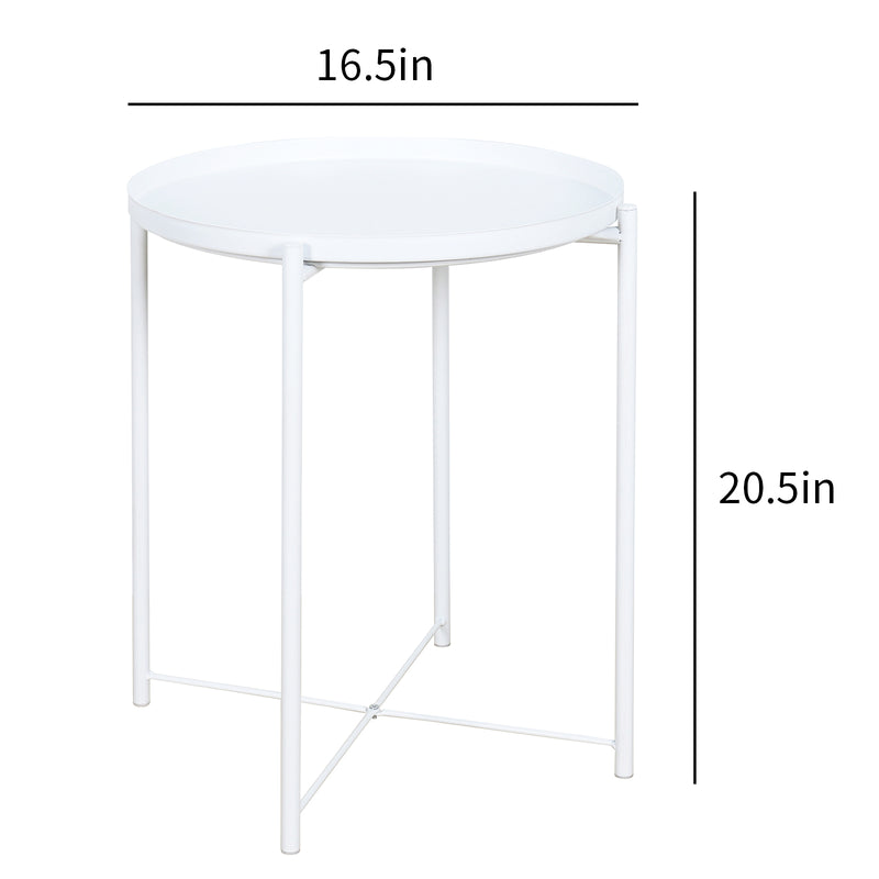 Metal End Table Side Table Accent Table with Round Tray (White)