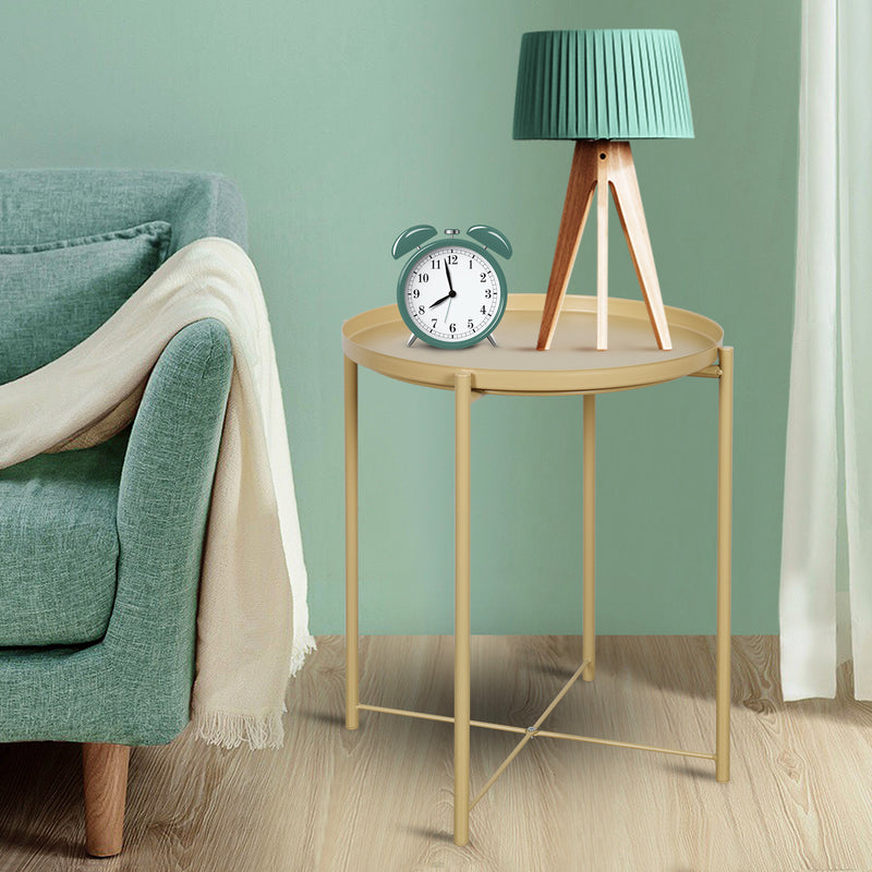 Metal End Table Side Table Accent Table with Round Tray (Yellow)