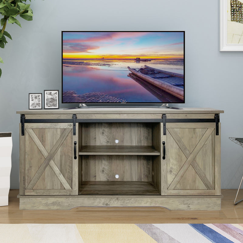 Farmhouse Sliding Barn Door TV Stand for TVs up to 65", Washed Oak
