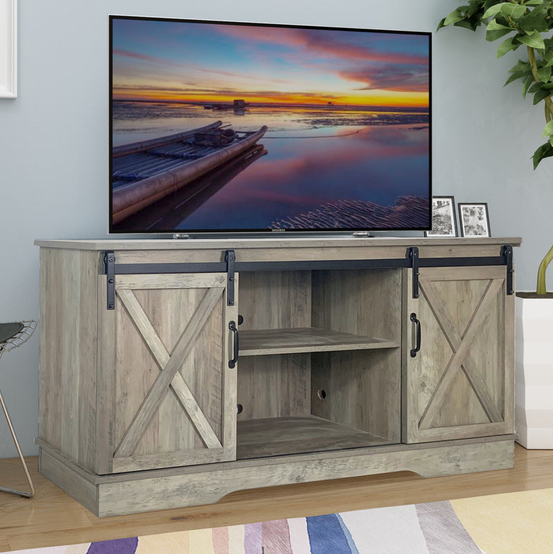 Farmhouse Sliding Barn Door TV Stand for TVs up to 65", Washed Oak