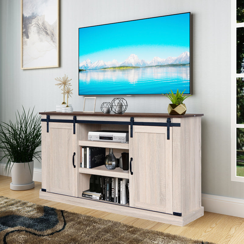 Sliding Barn Door TV Stand, Storage Cabinet with Shelves (White Oak/Dark Walnut)