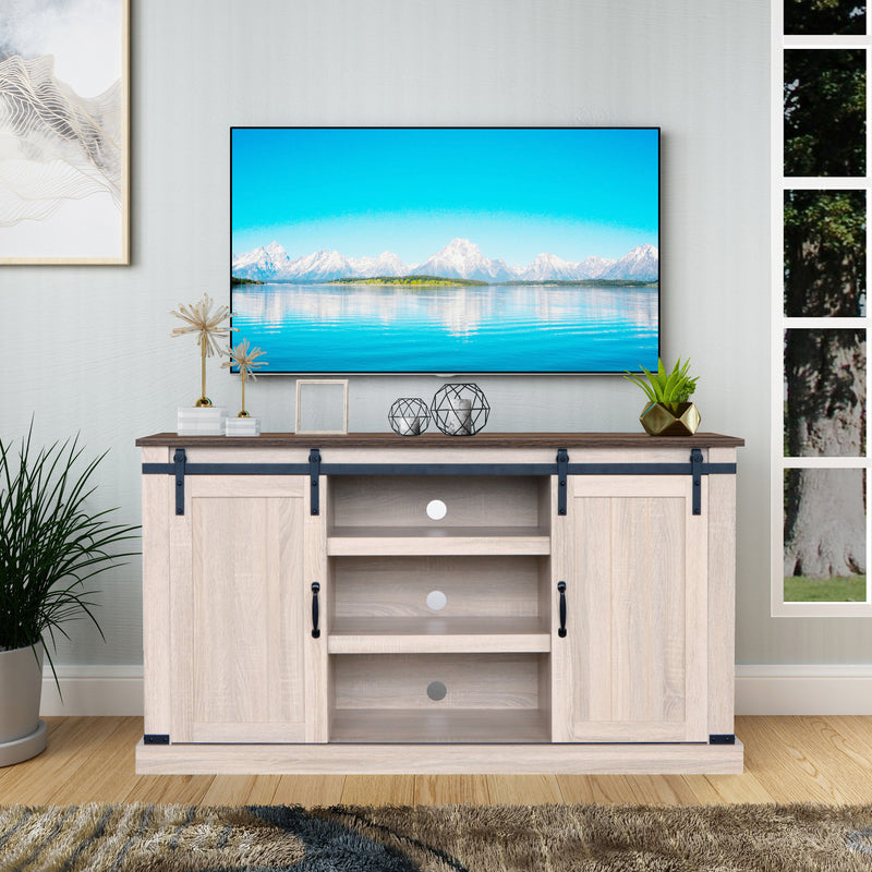 Sliding Barn Door TV Stand, Storage Cabinet with Shelves (White Oak/Dark Walnut)