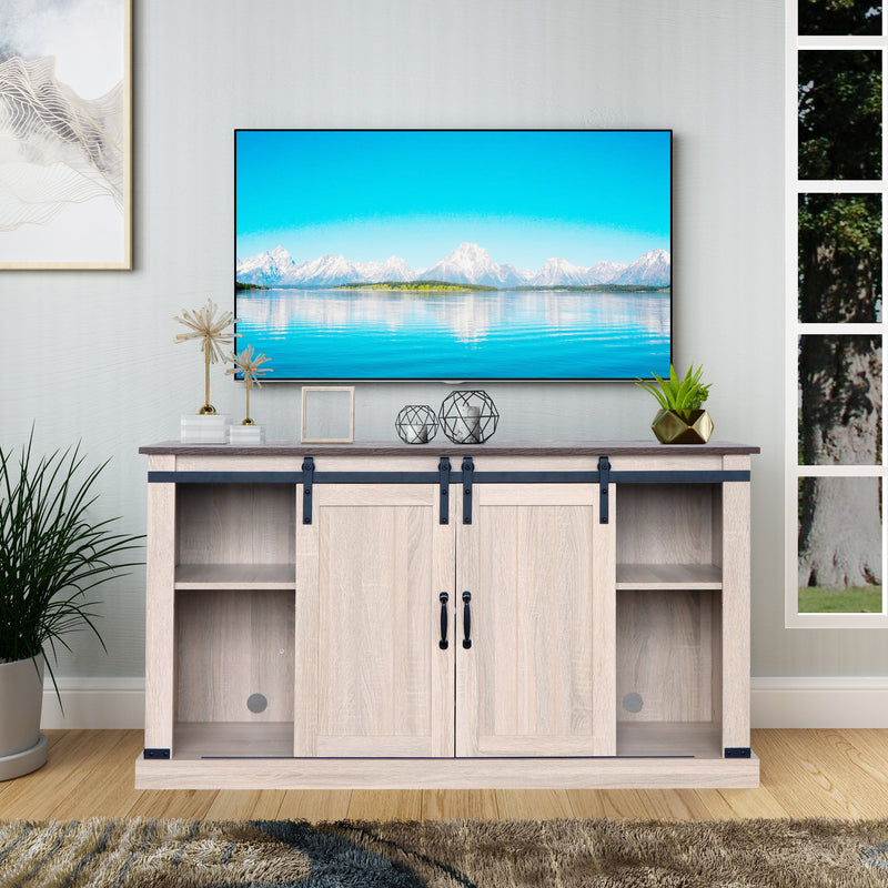 Sliding Barn Door TV Stand, Storage Cabinet with Shelves (White Oak/Dark Walnut)