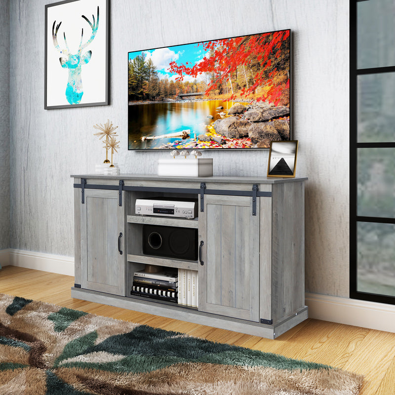 Sliding Barn Door TV Stand, Storage Cabinet with Shelves (Washed Oak)