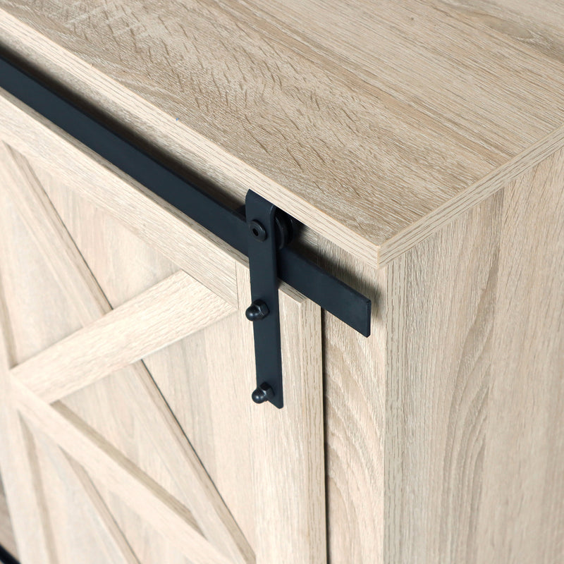 Sliding Barn Door TV Stand, Storage Cabinet with Shelves (White Oak)