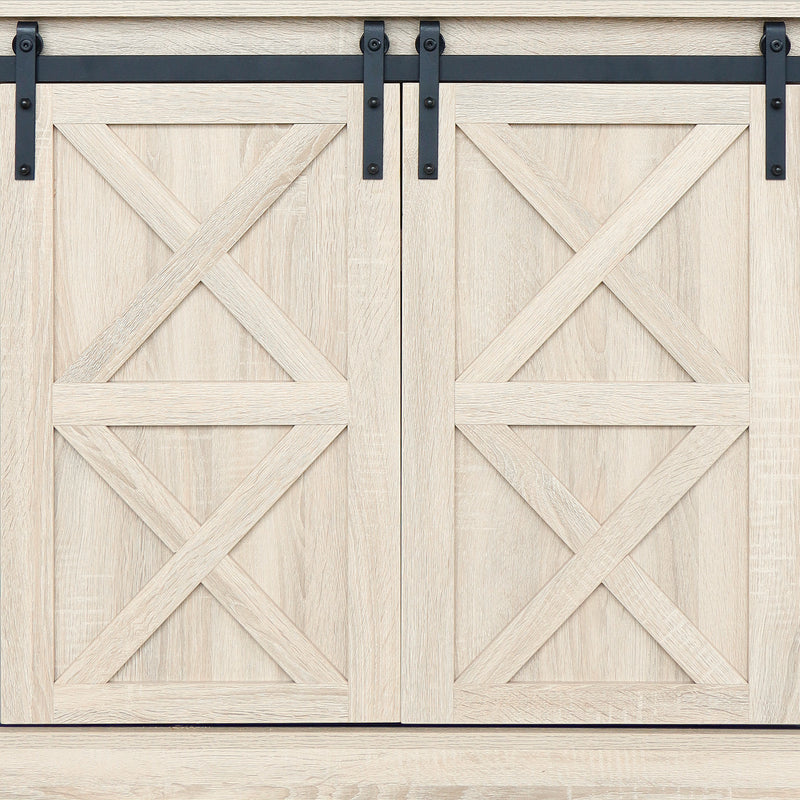 Sliding Barn Door TV Stand, Storage Cabinet with Shelves (White Oak)