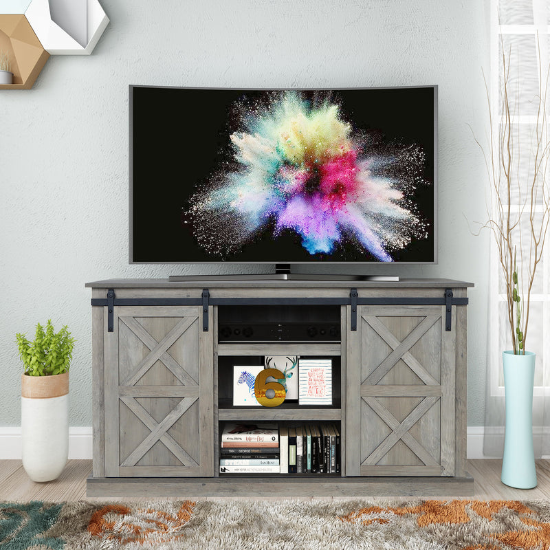 Sliding Barn Door TV Stand, Storage Cabinet with Shelves (Washed Oak)