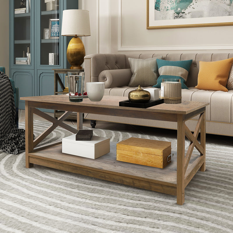 Farmhouse Modern Wood Coffee Table with 2-Tier Shelf Storage (Shaded Oak)