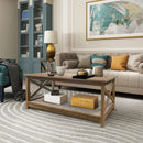 Farmhouse Modern Wood Coffee Table with 2-Tier Shelf Storage (Shaded Oak)