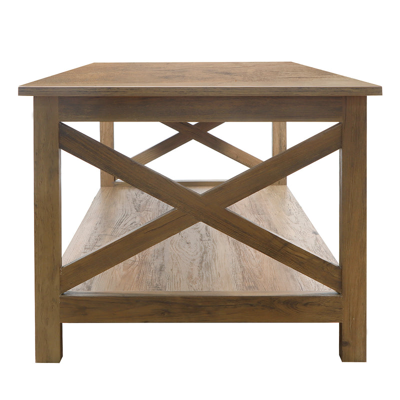 Farmhouse Modern Wood Coffee Table with 2-Tier Shelf Storage (Shaded Oak)