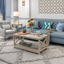 Farmhouse Modern Wood Coffee Table with 2-Tier Shelf Storage (White Oak)