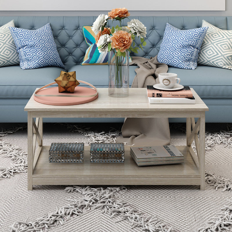 Farmhouse Modern Wood Coffee Table with 2-Tier Shelf Storage (White Oak)