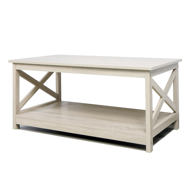 Farmhouse Modern Wood Coffee Table with 2-Tier Shelf Storage (White Oak)