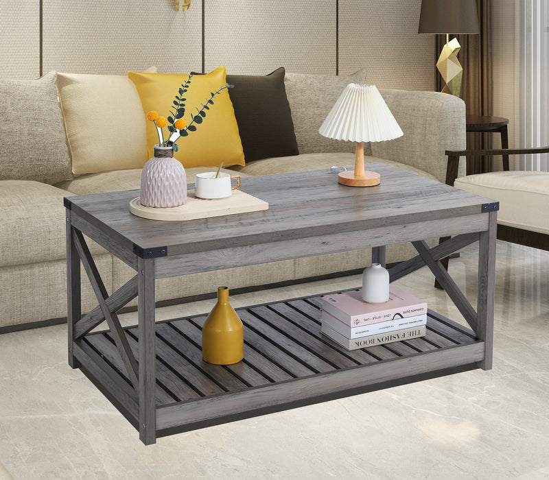 Farmhouse Coffee Table with Slat Shelf and Corner Protection, 40 Inch, Washed Oak