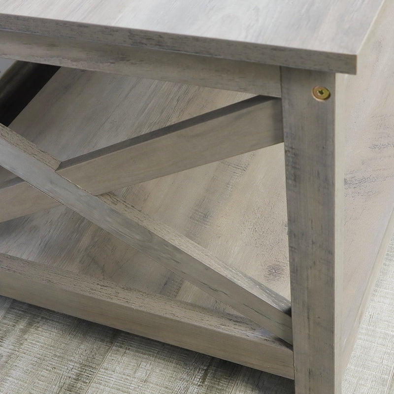 Farmhouse Modern Wood Coffee Table with 2-Tier Shelf Storage (Washed Oak)