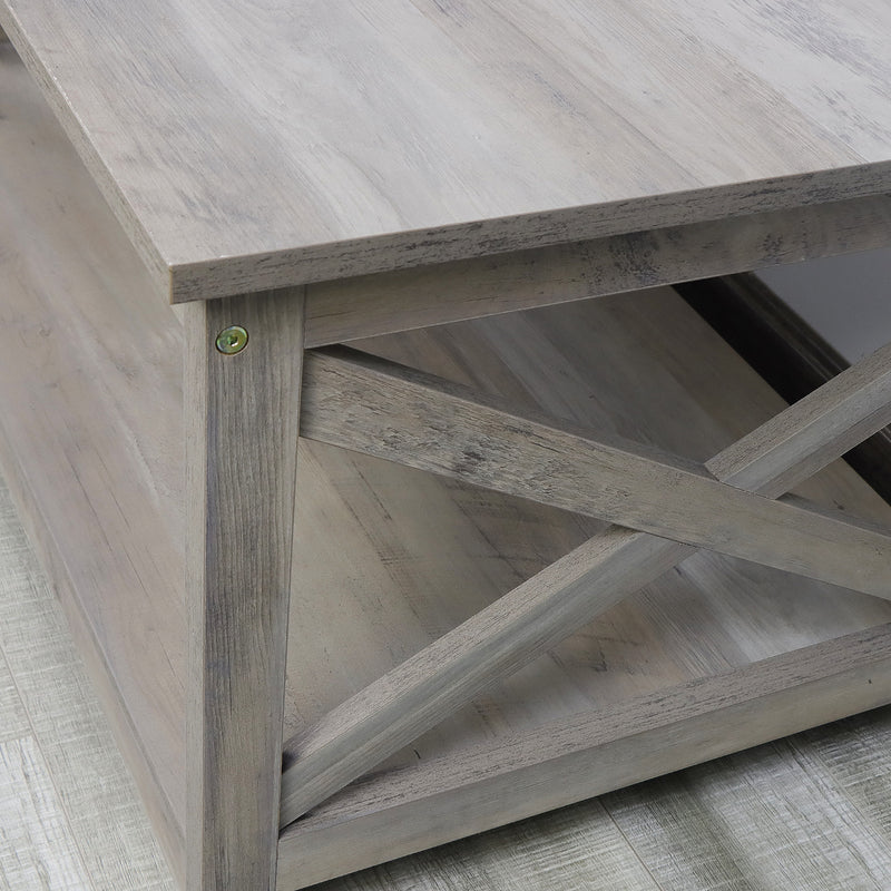 Farmhouse Modern Wood Coffee Table with 2-Tier Shelf Storage (Washed Oak)