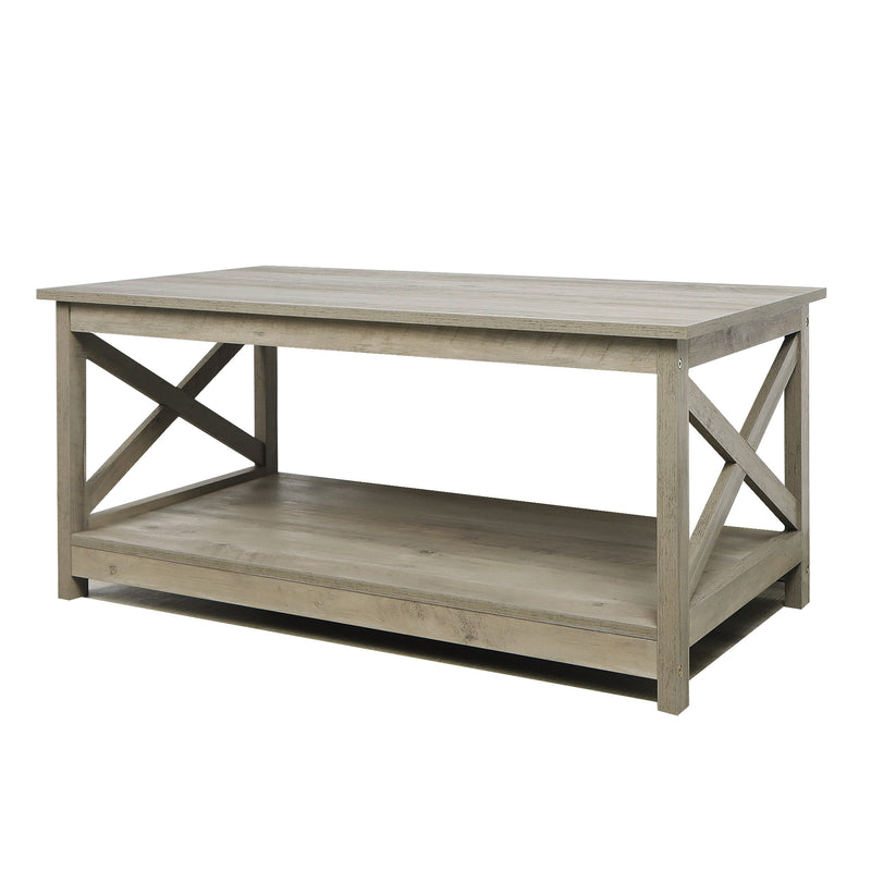 Farmhouse Modern Wood Coffee Table with 2-Tier Shelf Storage (Washed Oak)