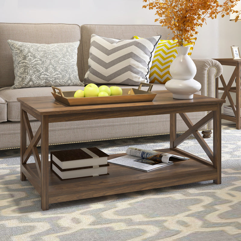 Farmhouse Modern Wood Coffee Table with 2-Tier Shelf Storage (Dark Walnut)