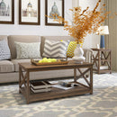 Farmhouse Modern Wood Coffee Table with 2-Tier Shelf Storage (Dark Walnut)