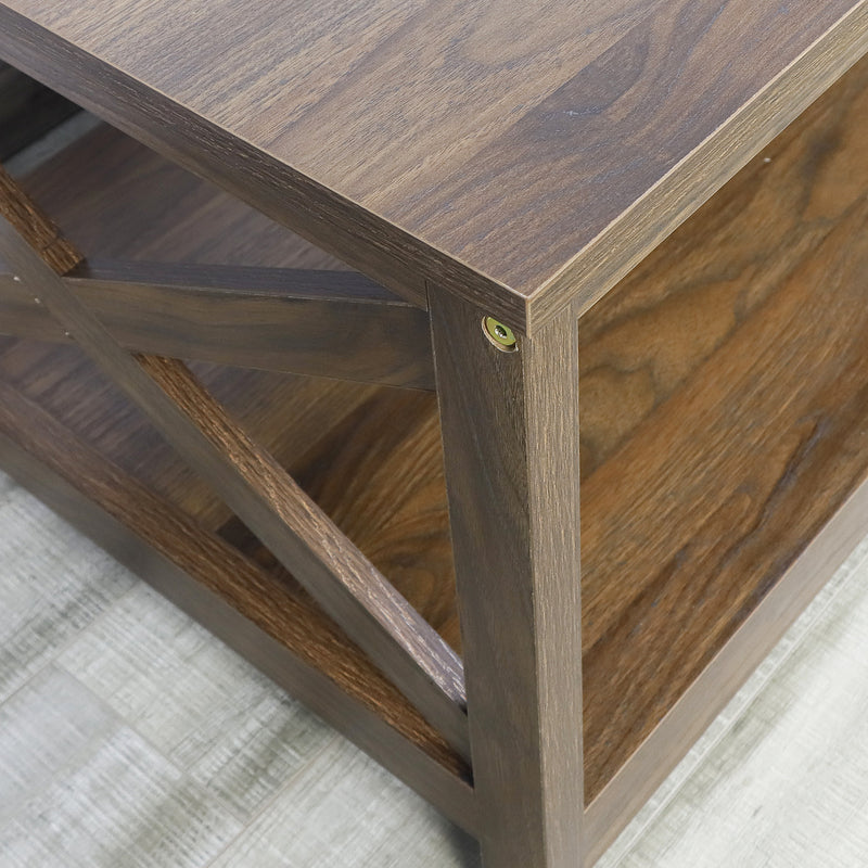 Farmhouse Modern Wood Coffee Table with 2-Tier Shelf Storage (Dark Walnut)