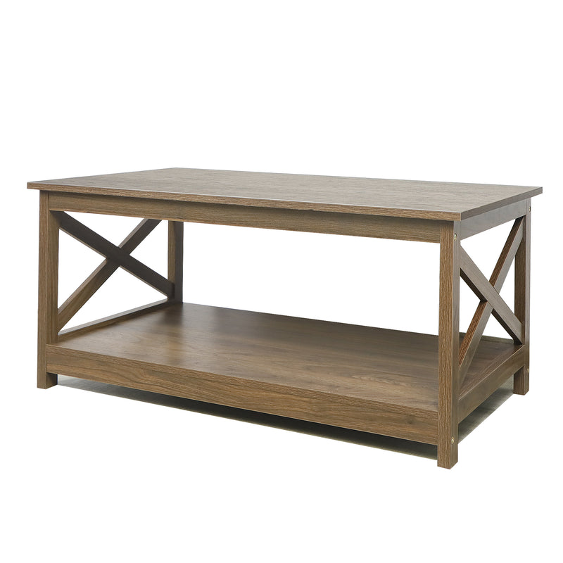 Farmhouse Modern Wood Coffee Table with 2-Tier Shelf Storage (Dark Walnut)