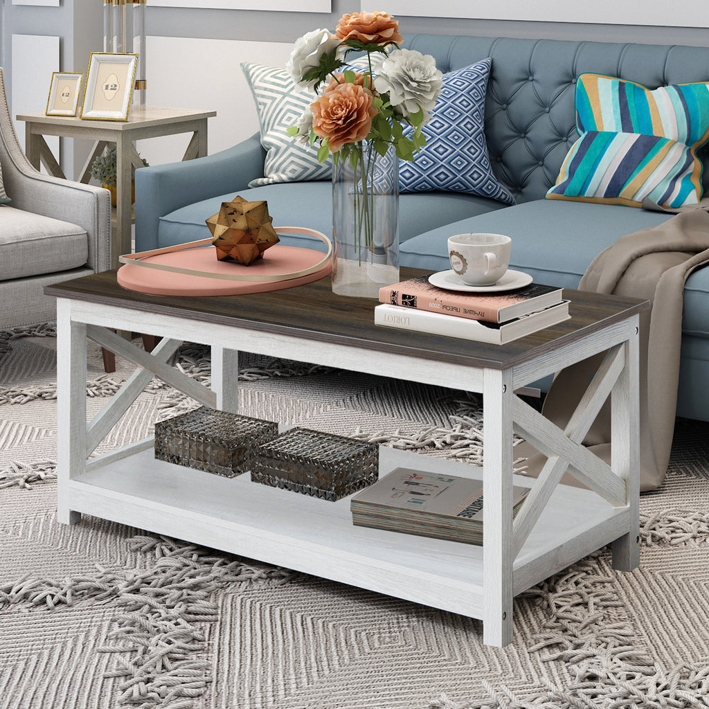 Farmhouse Modern Wood Coffee Table with 2 Tier Shelf Storage Sargent