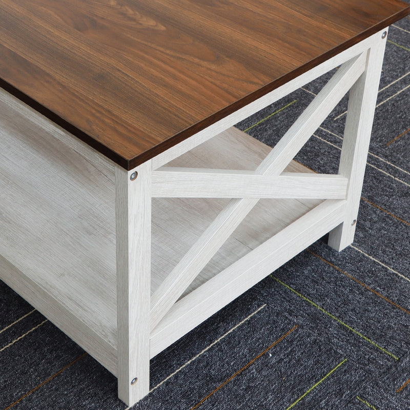 Farmhouse Modern Wood Coffee Table with 2-Tier Shelf Storage (Sargent Oak)
