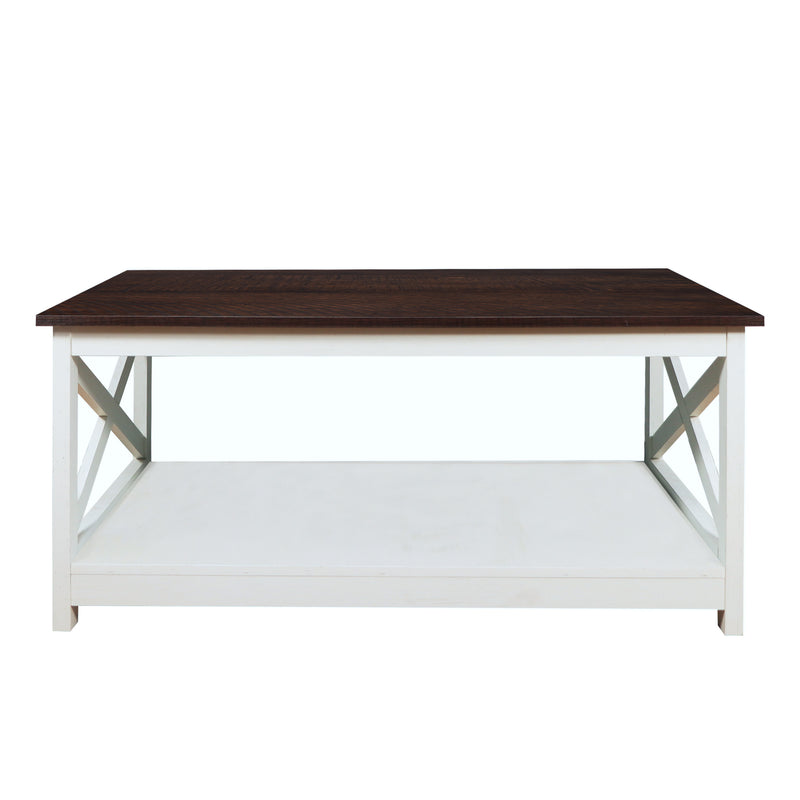 Farmhouse Modern Wood Coffee Table with 2-Tier Shelf Storage (Vintage White/Espresso)