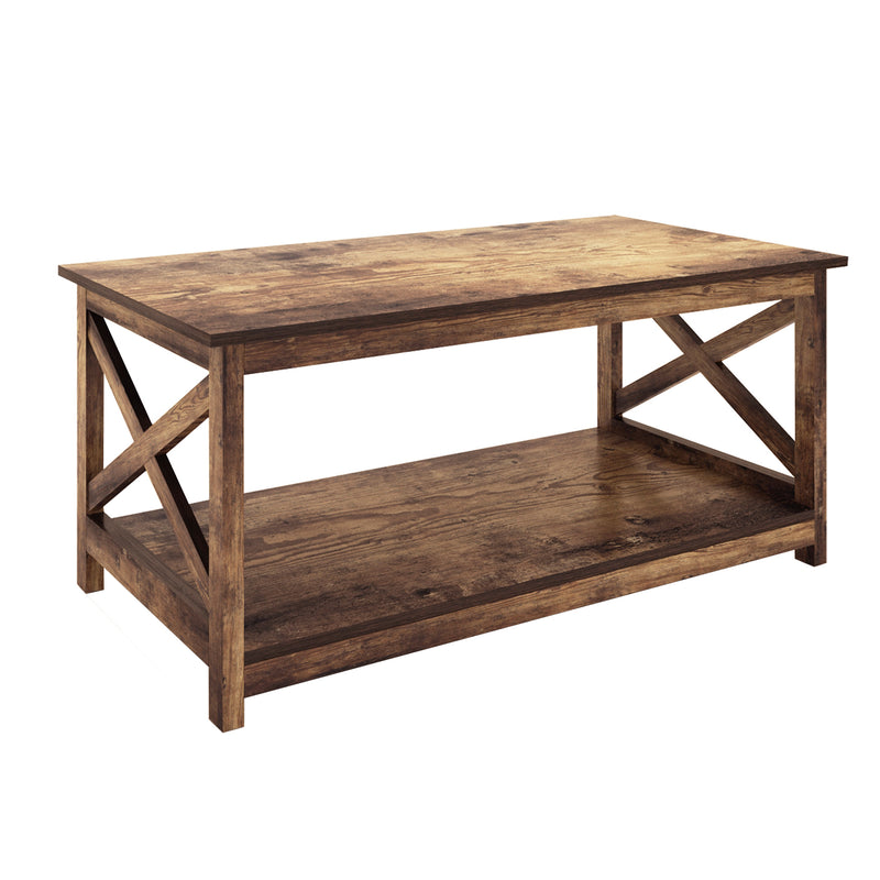 Farmhouse Modern Wood Coffee Table with 2-Tier Shelf Storage (Rustic)