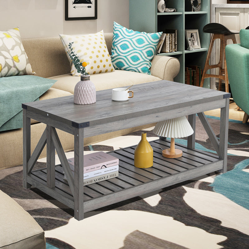 Farmhouse Coffee Table with Slat Shelf and Corner Protection, 40 Inch, Washed Oak