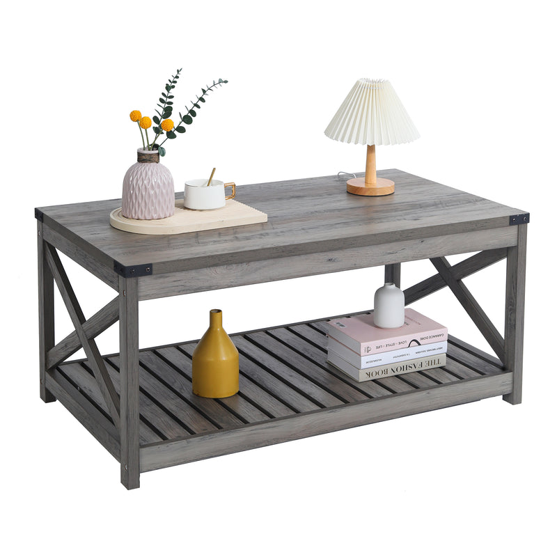 Farmhouse Coffee Table with Slat Shelf and Corner Protection, 40 Inch, Washed Oak