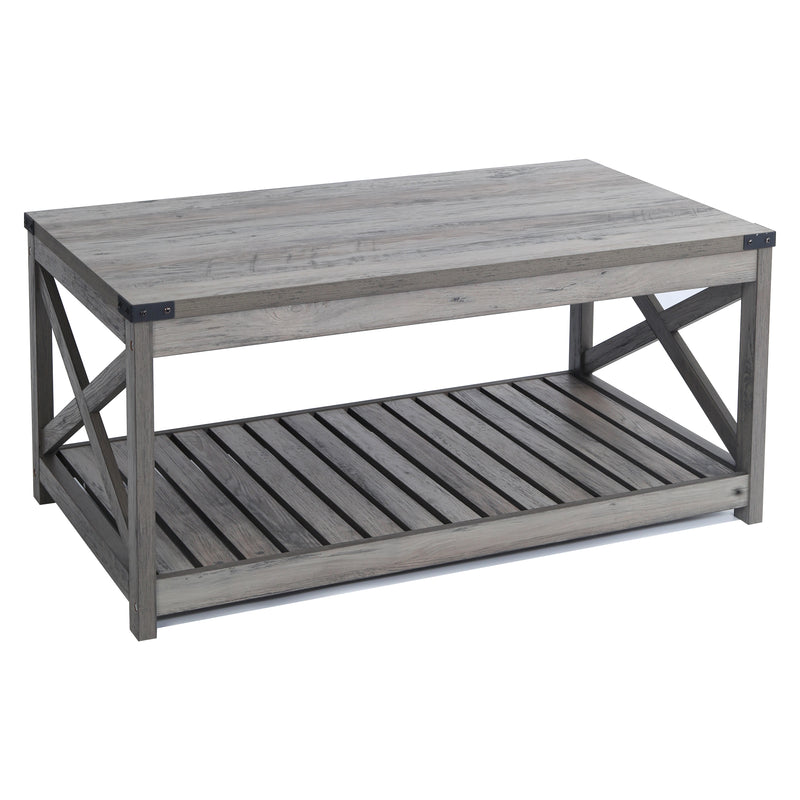 Farmhouse Coffee Table with Slat Shelf and Corner Protection, 40 Inch, Washed Oak