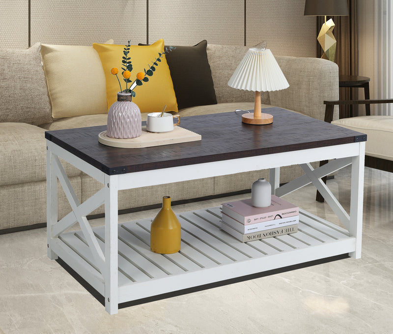 Farmhouse Coffee Table with Slat Shelf and Corner Protection, 40 Inch, Vintage White/Espresso