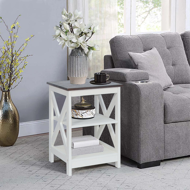 Farmhouse End Table Side Table (Vintage White/Espresso)