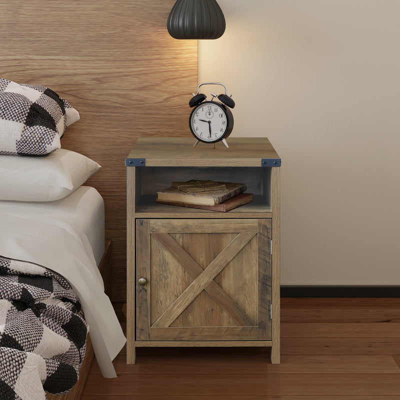 Farmhouse Nightstand with Cabinet and Shelves (Shaded Oak)